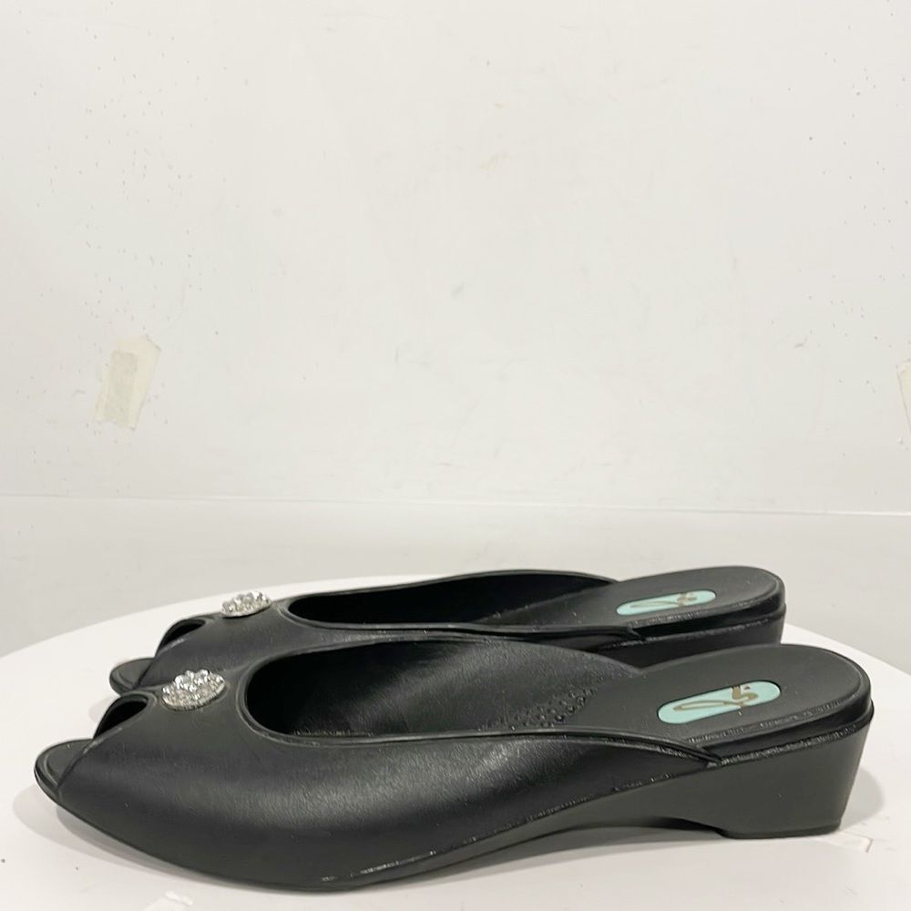 OKA b. Black Peep-Toe Wedges with Jewel Accent